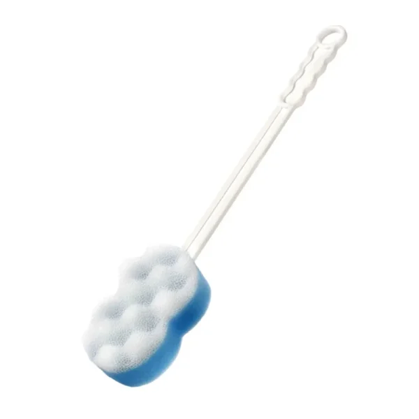 2in1 Bad- en Peelingspons met lange gebogen steel - Wit/Blauw